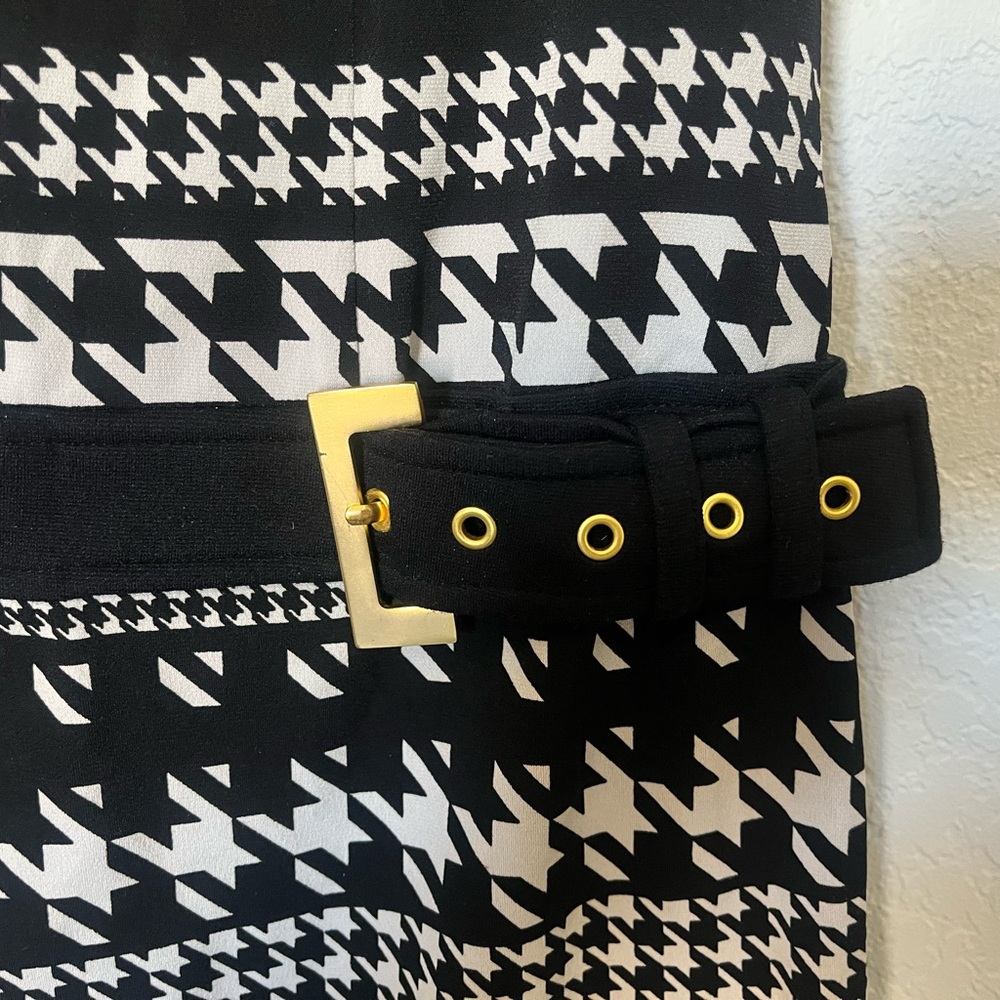 Black and White Houndstooth Dress with Gold Buckle detailing.